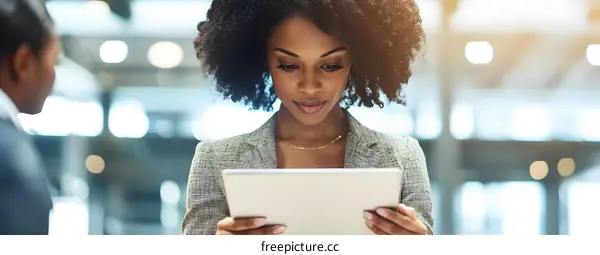 African American Woman Working On Tablet In Modern Office
