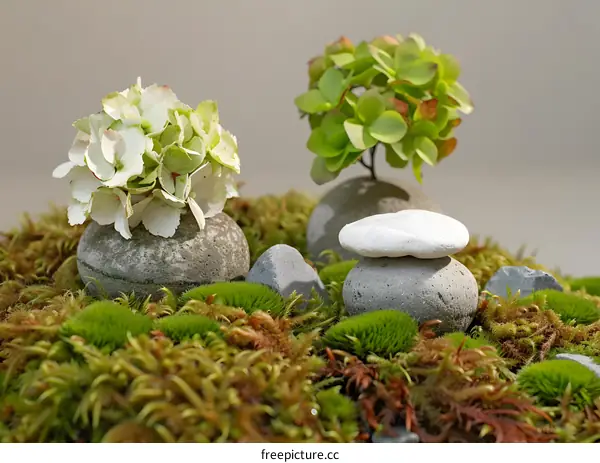 Zen Garden Miniature with Stones, Moss, and Flowers