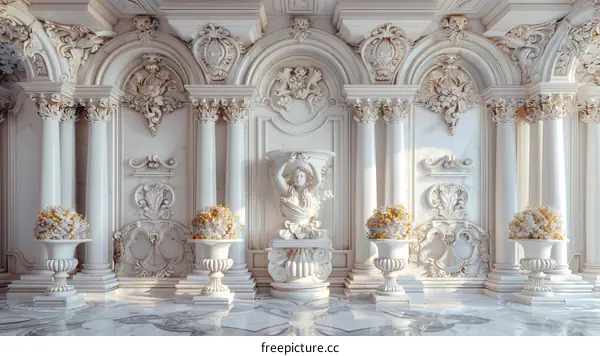 Elegant White Interior with Classical Columns and Floral Decor