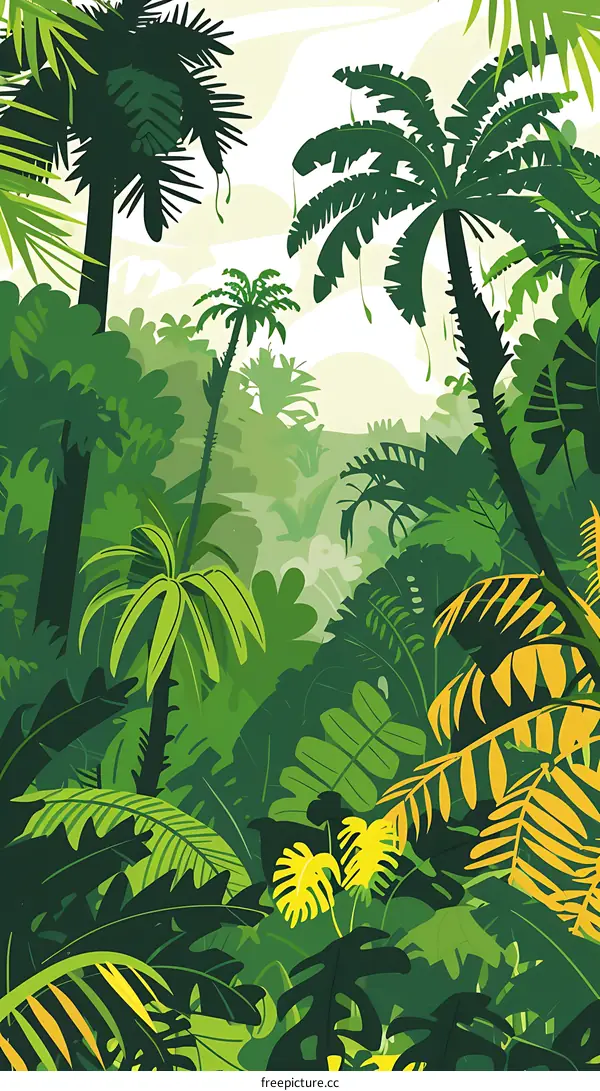 Tropical Rainforest Illustration with Lush Green Foliage