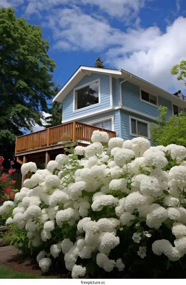 Blooming Hydrangea Bush in Front of a Blue House
