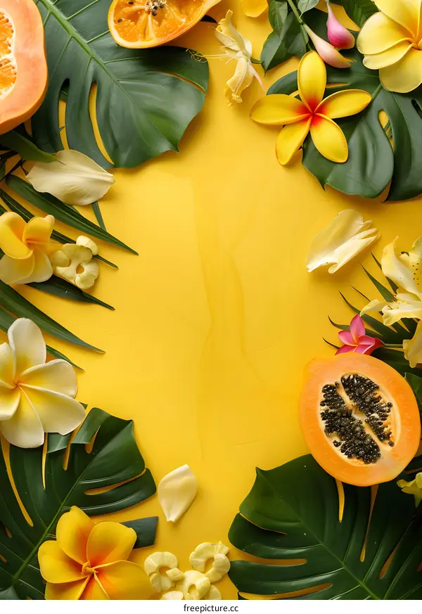 Tropical Summer Background with Papaya, Leaves and Flowers
