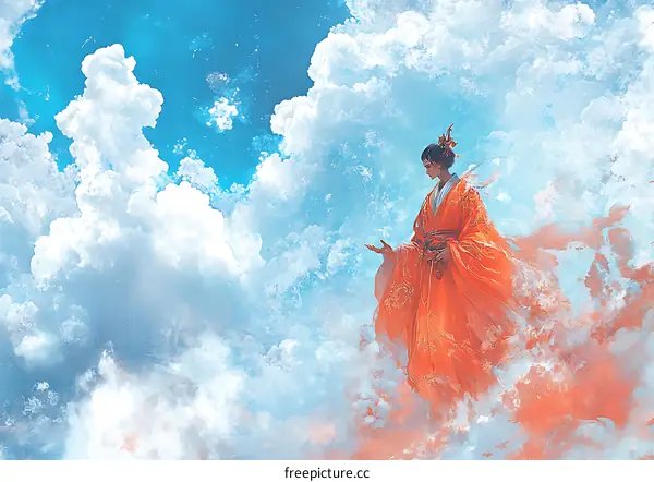 Woman in Orange Dress Standing in Clouds