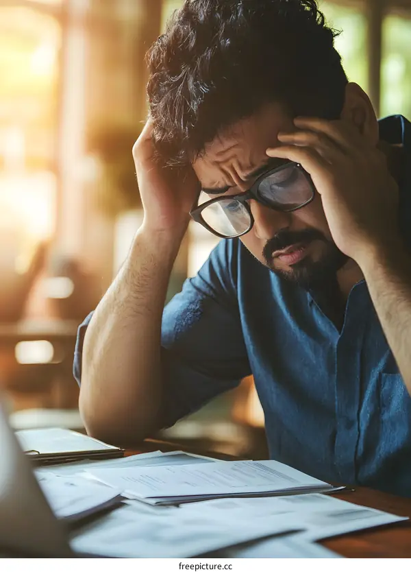 Stressed Man With Head In Hands Looking At Papers