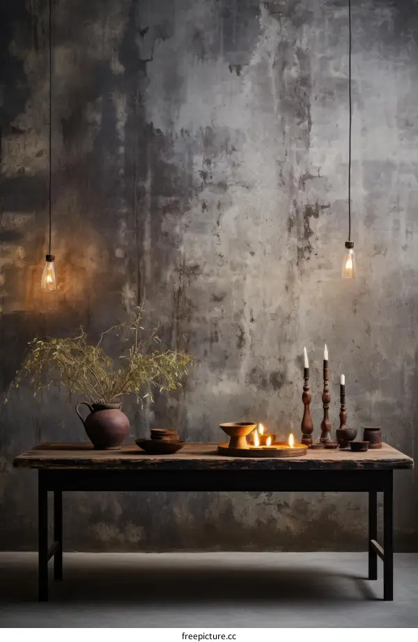 A wooden table with a vase, a bowl, and candles on it.