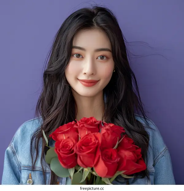 A smiling young woman holding a bouquet of red roses