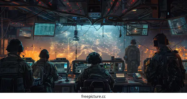 Soldiers monitoring a war zone from a command center