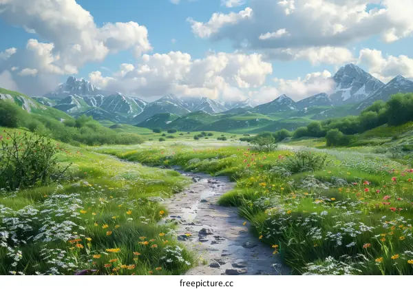 Lush Mountain Landscape with Vibrant Wildflowers