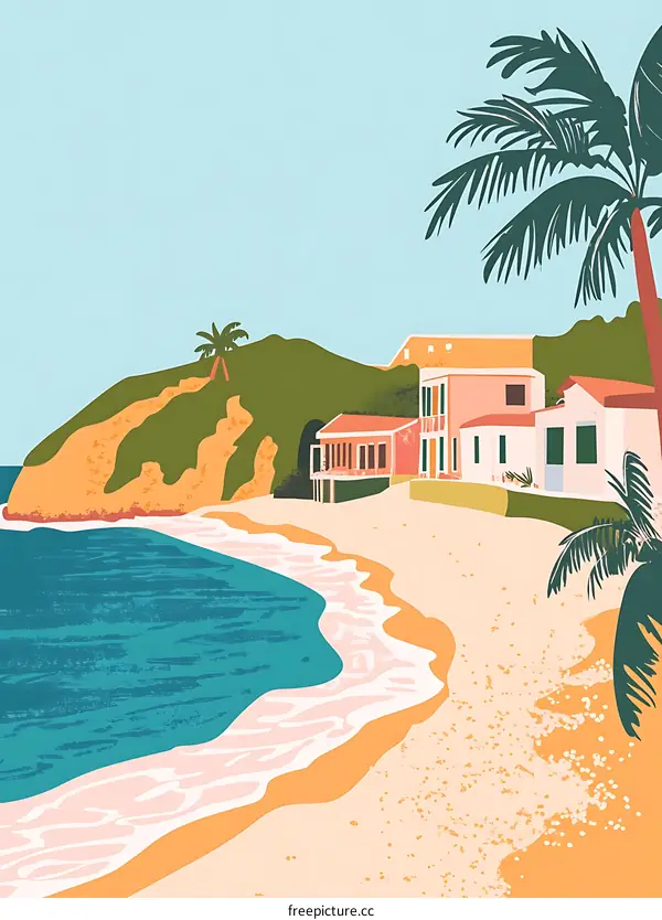 Summer Beach Illustration With Palm Trees and Houses