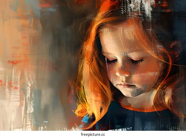 Little girl with orange hair looking down