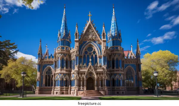 Ornate Blue Church with Surrounding Trees