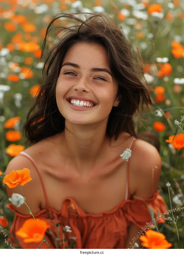 Smiling Woman with Brown Hair in a Field of Orange Flowers