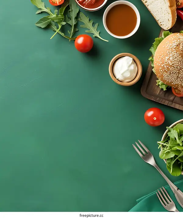 Green Background With Burger, Sauce, Salad And Forks