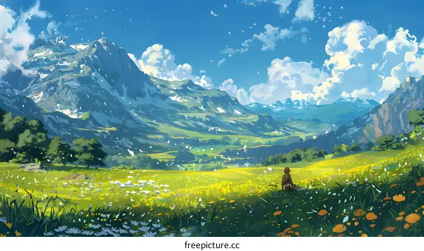 A vast mountain field with flowers and a person
