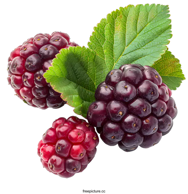 [Transparent Background PNG]Three ripe mulberries with leaves isolated on white background