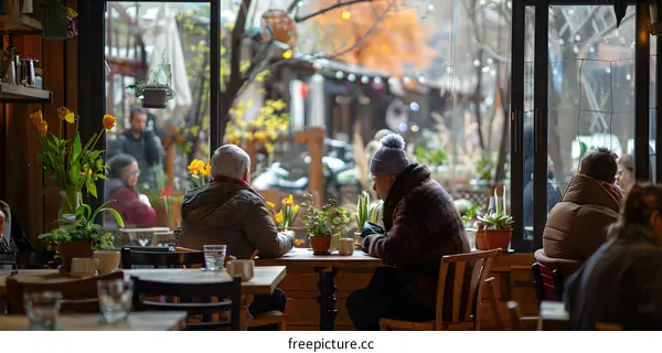 Cozy Cafe Atmosphere with Patrons Enjoying the View