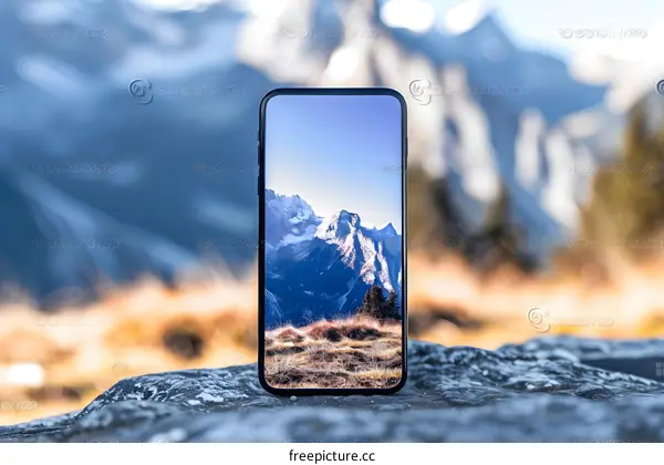 Smartphone on a Rock with a Mountain Background