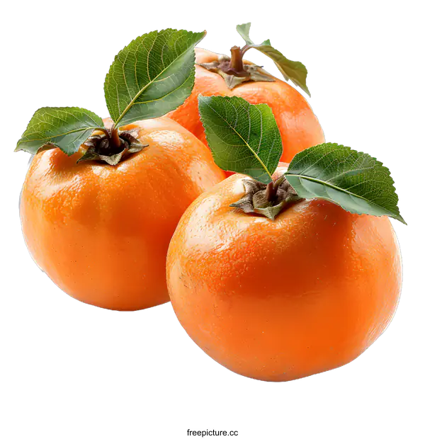 [Transparent Background PNG]Three Fresh Persimmons with Leaves