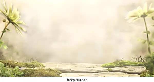 Stone Pathway Through A Misty Forest With Green Moss