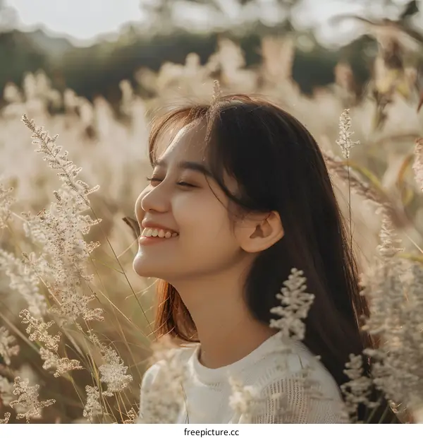 Smiling Woman in a Field of Flowers