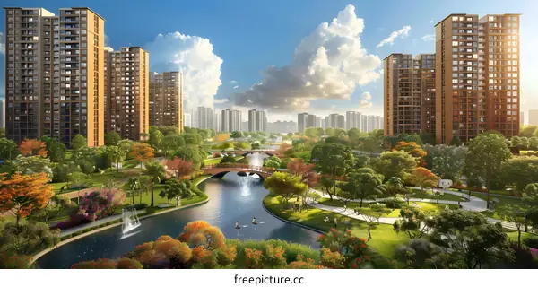 A residential area with a river running through it and a bridge over the river.