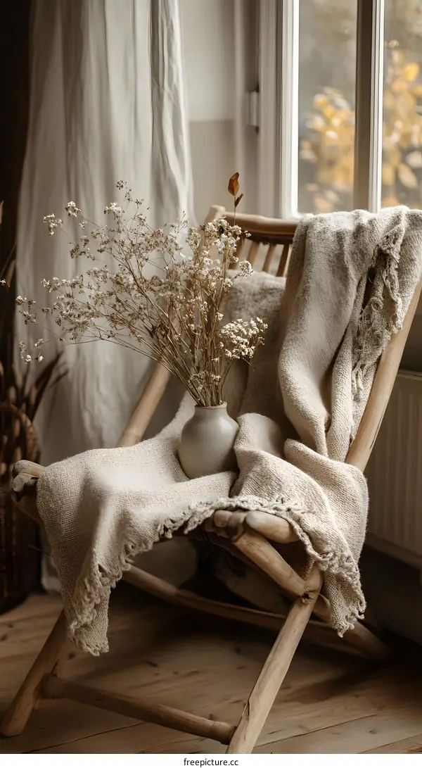 Dried Flowers in a Vase on a Wooden Chair