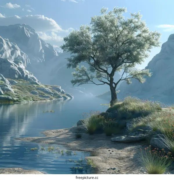 Beautiful Landscape with a Tree and Mountains