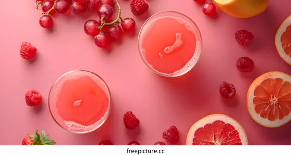 Fresh Grapefruit and Raspberry Juice in Glasses on Pink Background