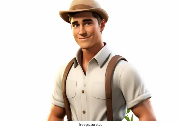 Male farmer wearing a brown hat and suspenders