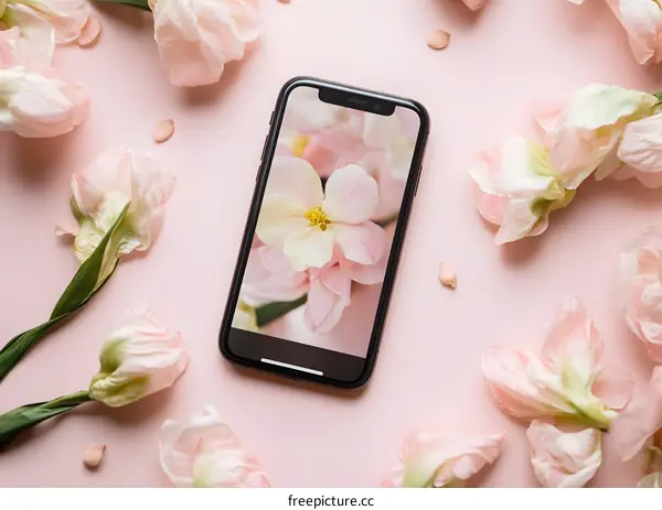 Phone Screen with Flowers on Pink Background