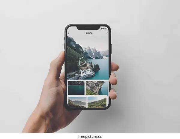 Hand Holding Smartphone Showing Mountain Lake