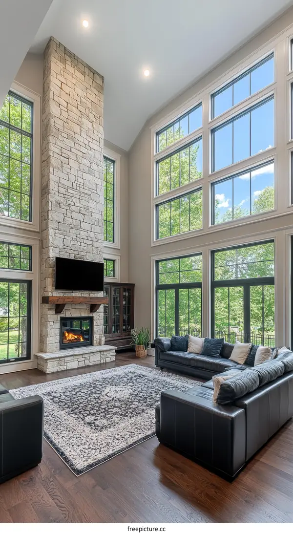 Spacious Living Room with High Ceilings and Large Windows