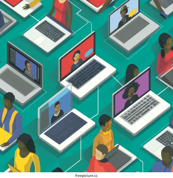 People of different ethnicities using laptops to communicate with each other