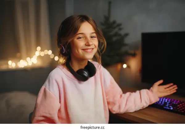 A young girl wearing headphones smiles while sitting at a desk with a computer