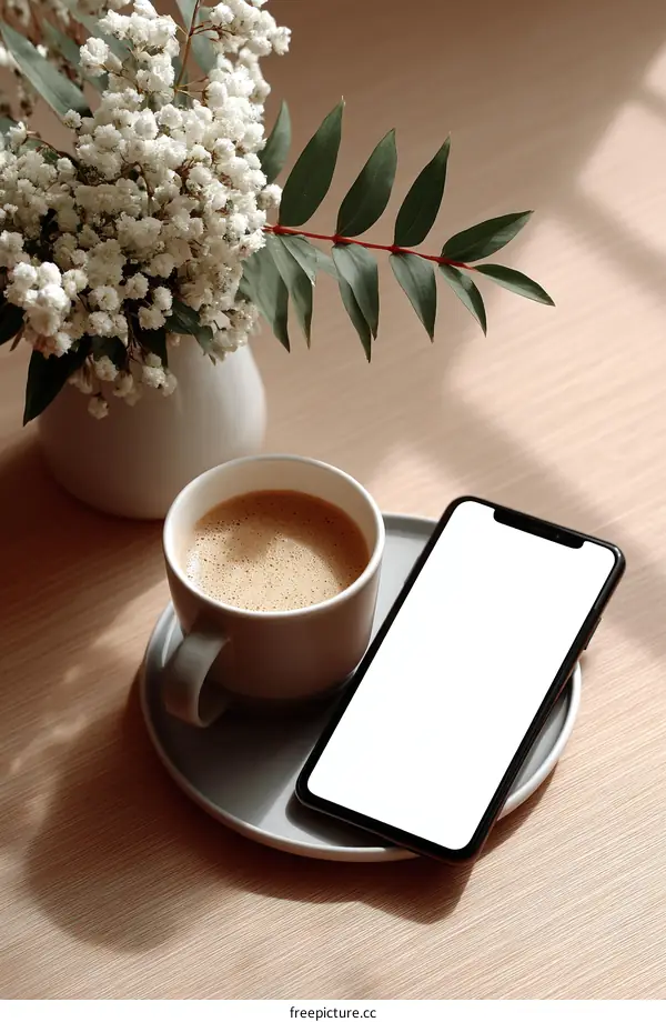 Coffee Cup, Smartphone, and Flowers on a Wooden Table