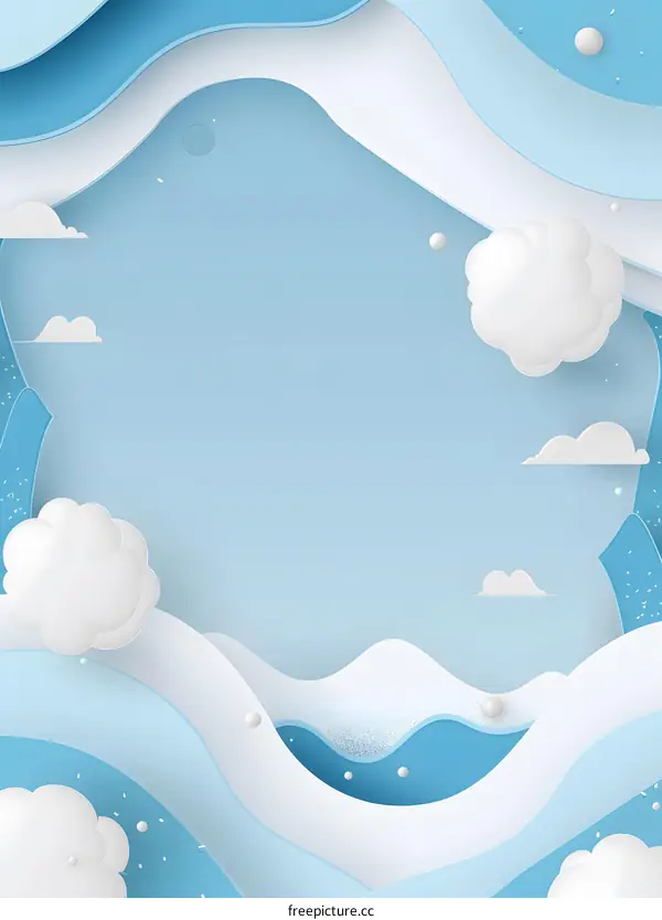 Abstract Paper Cut Sky Blue Background with Clouds and Snow