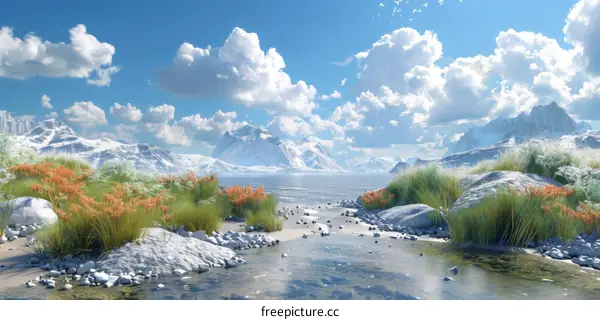 Glacial Lake with Rocky Beach in the Mountains