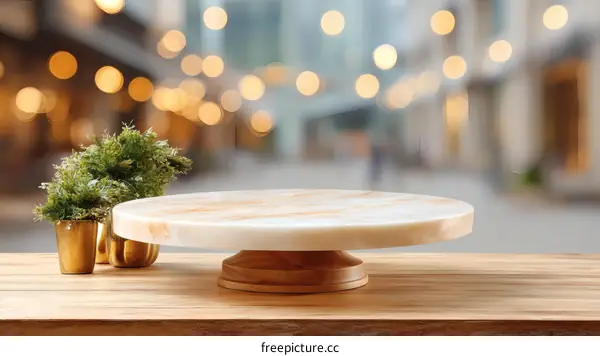 Empty Display Tabletop with Marble Platter and Plants