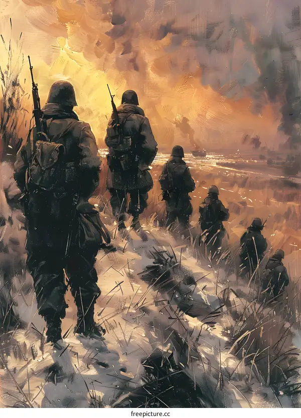 A group of soldiers walking through a snowy field toward the beach during World War II