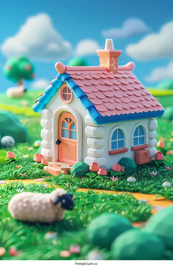 3D rendering of a small cottage in a rural setting