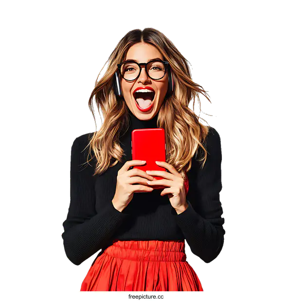 [Transparent Background PNG]Excited Woman with Red Phone