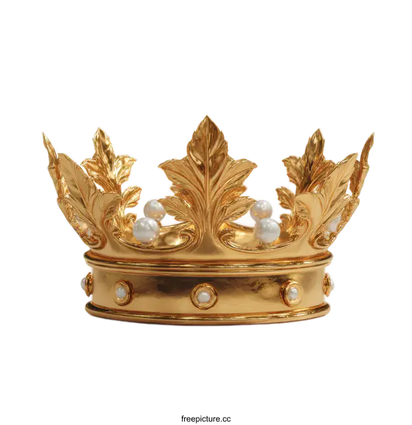 [Transparent Background PNG]Golden Crown with Pearls and Leaves
