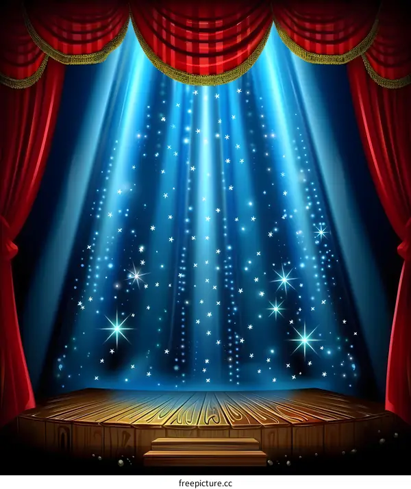 Red Curtains Stage Background with Spotlight and Stars