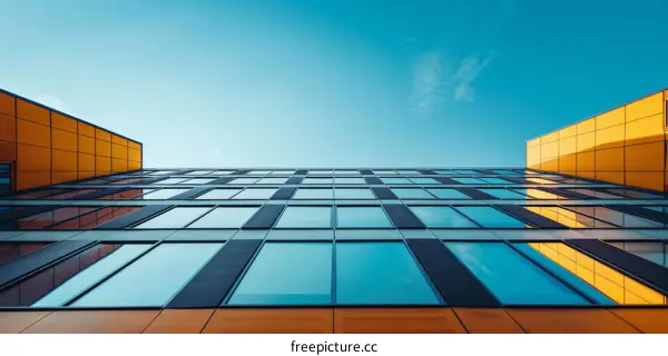 Modern Glass Skyscraper Office Building with Blue Sky and Sunlight Reflections