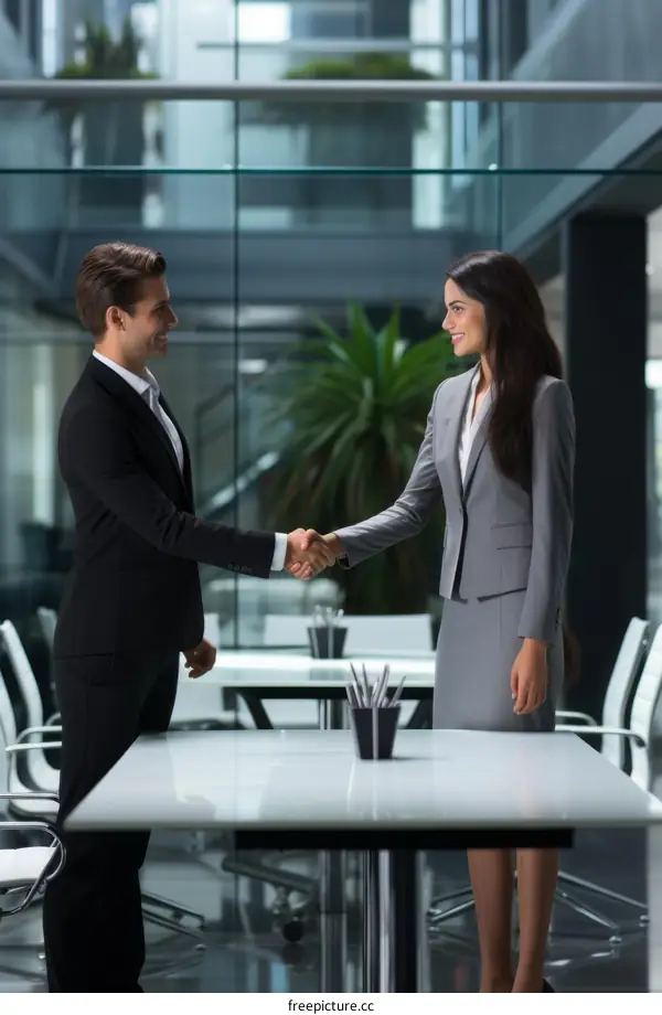 Business handshake between a man and a woman in suits in an office
