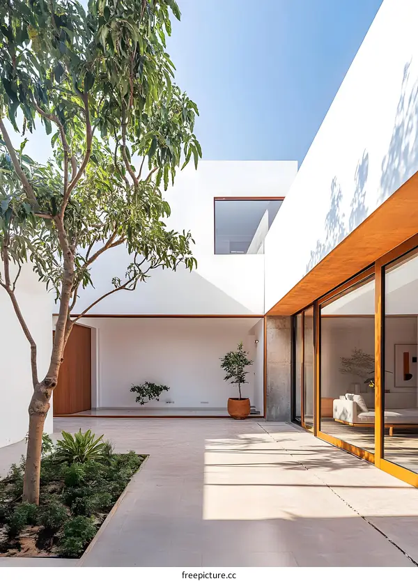 Modern Minimalist Courtyard Design With White Walls and Wooden Accents