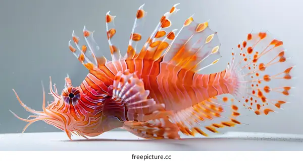 A red and white lionfish with its fins spread out