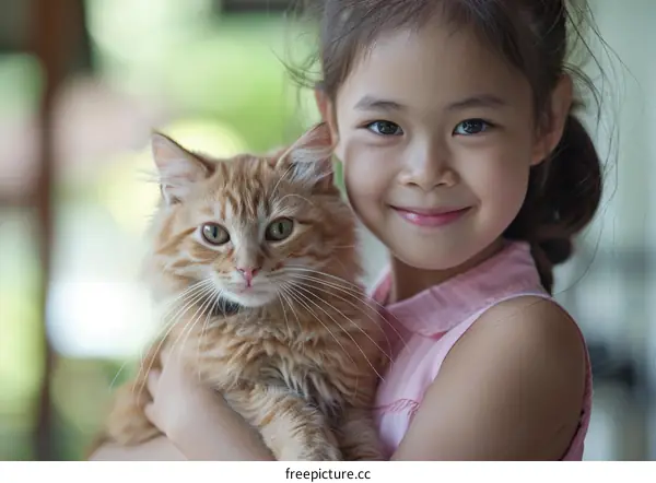 Asian girl hugging a ginger cat