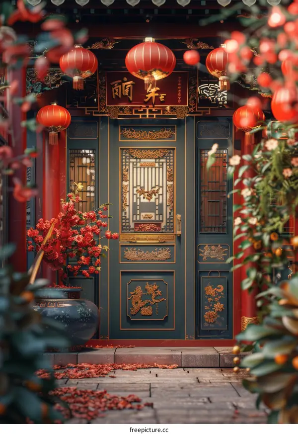 Chinese-Style Courtyard with Verdant Door and Crimson Lanterns