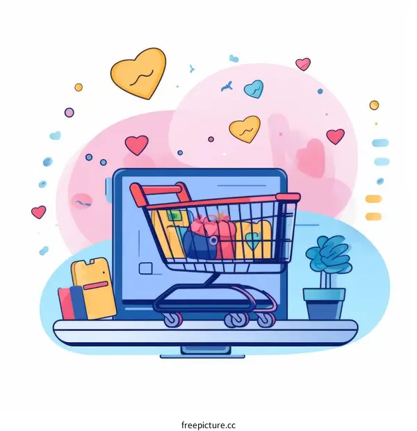Laptop with Shopping Cart: Online Shopping Illustration